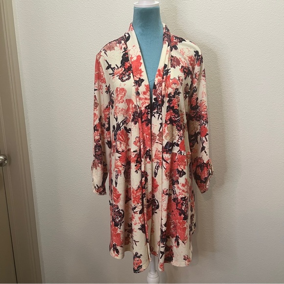 Multiples Womens Sweater Cardigan Open Front Long Sleeve Floral White Pink XL - Picture 1 of 6